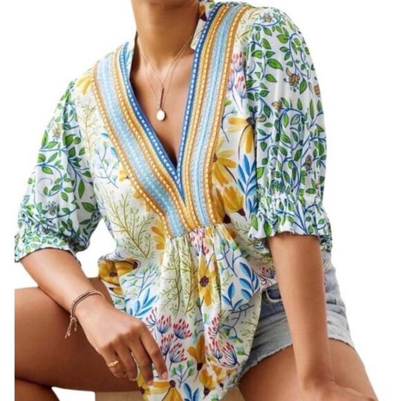 Anthropologie Blank London Stephanie Floral Printed Embroidered Top Small - Picture 1 of 7